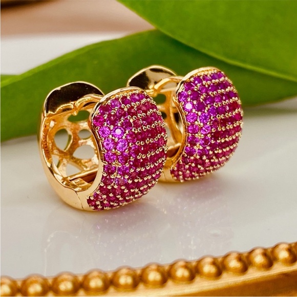 Elegant Pink Pave CZ and Gold Lace Hoop Earrings - Picture 2 of 6